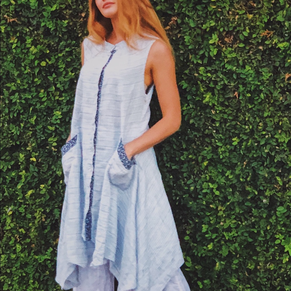 100% Linen Pocket Tunic/ Dress in Blue Pinstripe